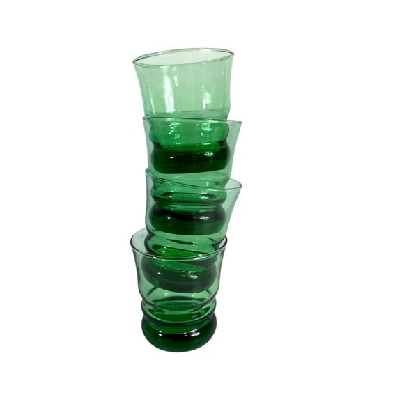 Anchor Hocking Green Glass Tumblers Stacked Base VTG Set Of 4 Low Ball Glassware - Picture 14 of 15